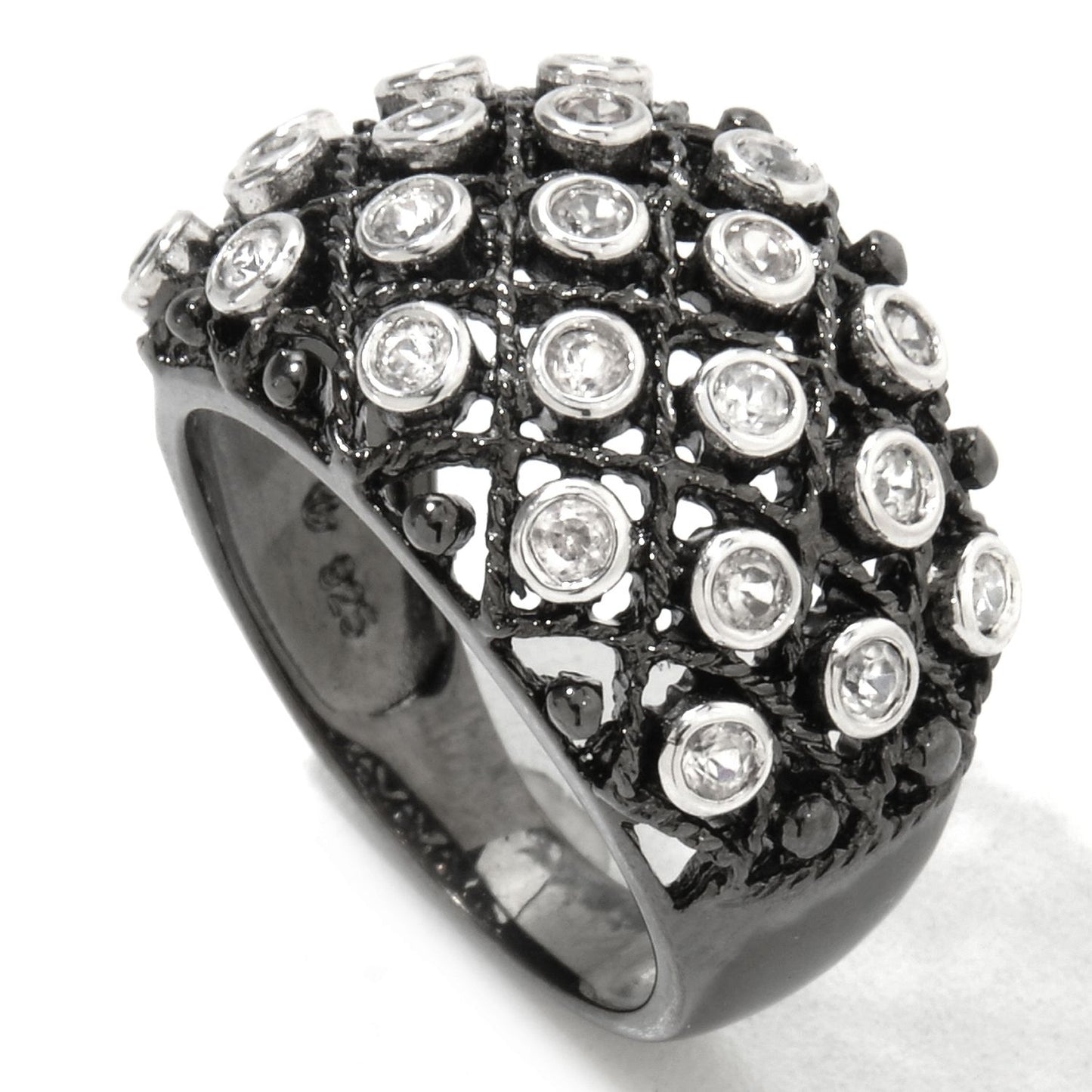 Pinctore Black Rhodium-plated Natural White Zircon Dome Ring - pinctore