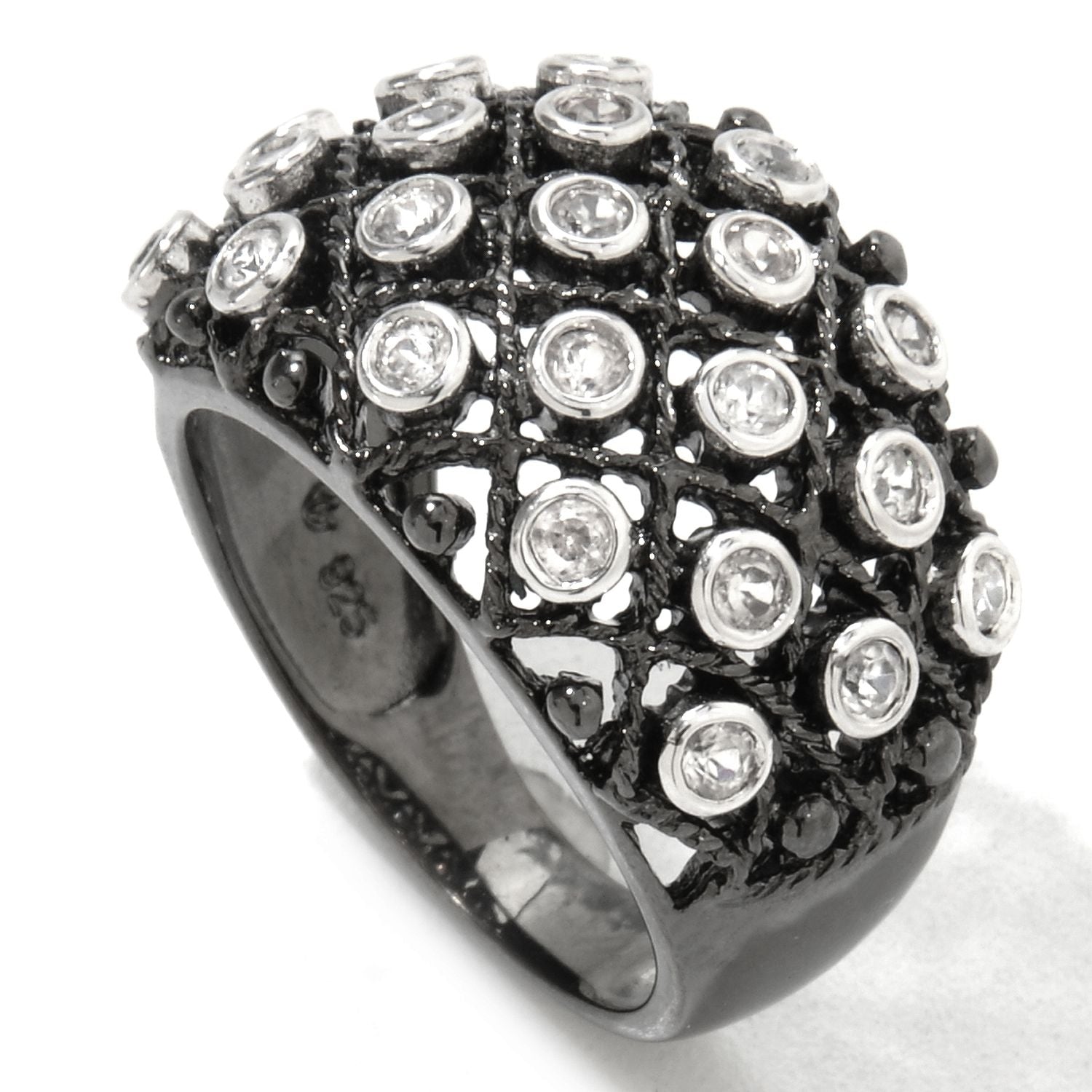 Pinctore Black Rhodium-plated Natural White Zircon Dome Ring - pinctore