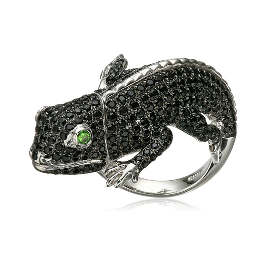 Pinctore Sterling Silver Black Spinel And Tsavorite Lizard Ring - pinctore