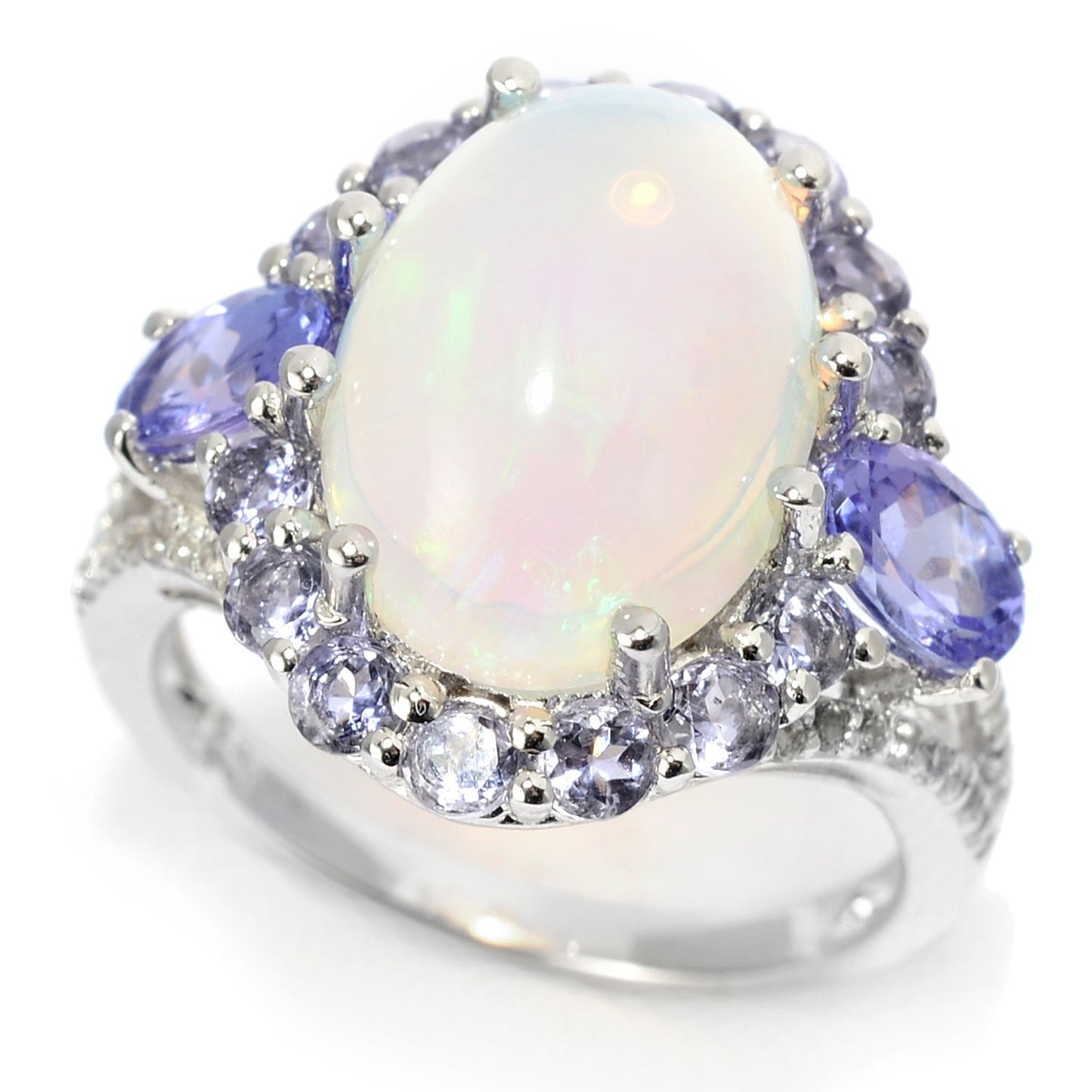 Pinctore Sterling Silver 14 x 10mm Ethiopian Opal & Multi Gemstone Halo Ring - pinctore
