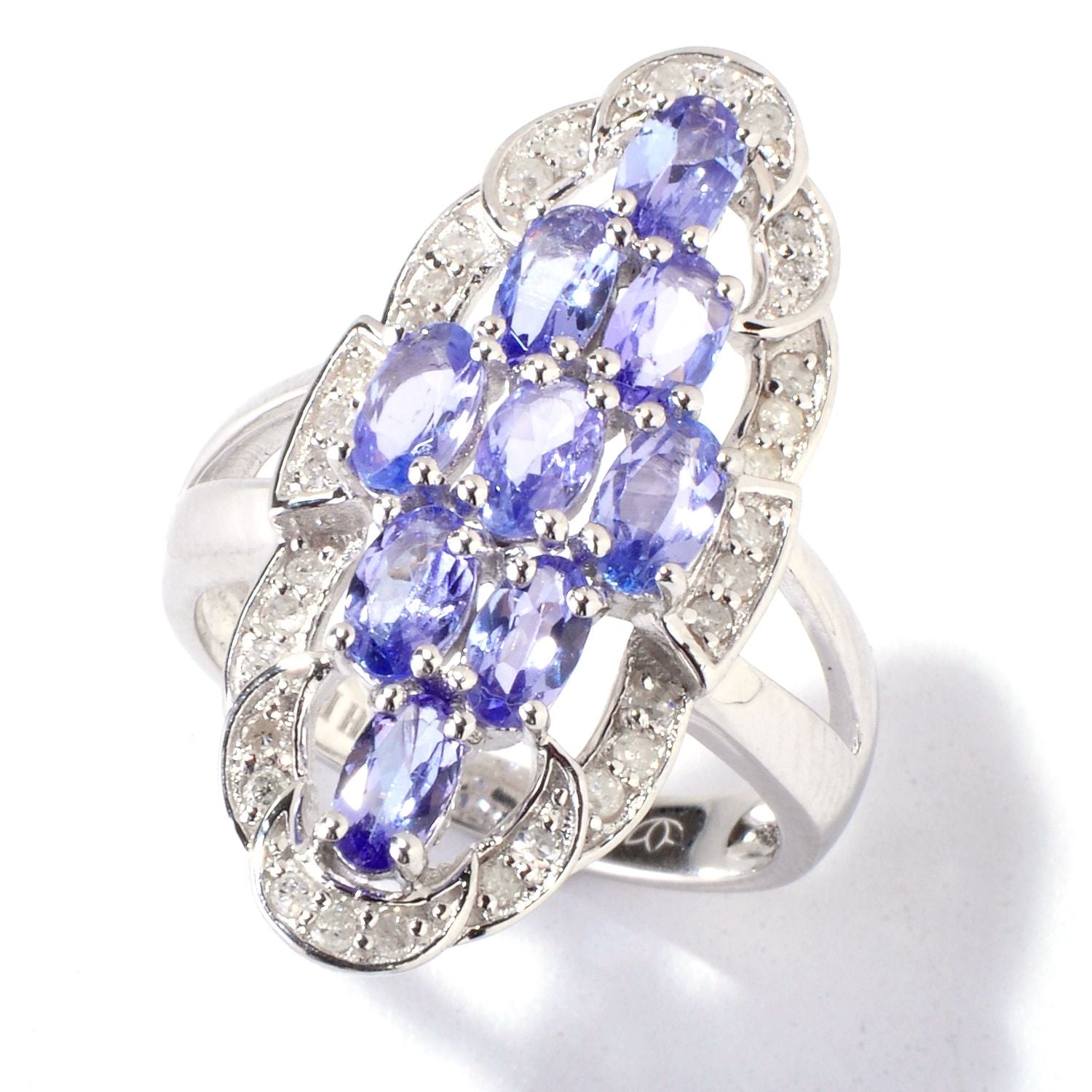 Pinctore Sterling Silver 2.06ctw Tanzanite & Diamond Elongated Cocktail Ring - pinctore