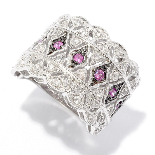 Pinctore Sterling Silver 0.95ctw Pink Sapphire & White Zircon Broad Band Ring - pinctore