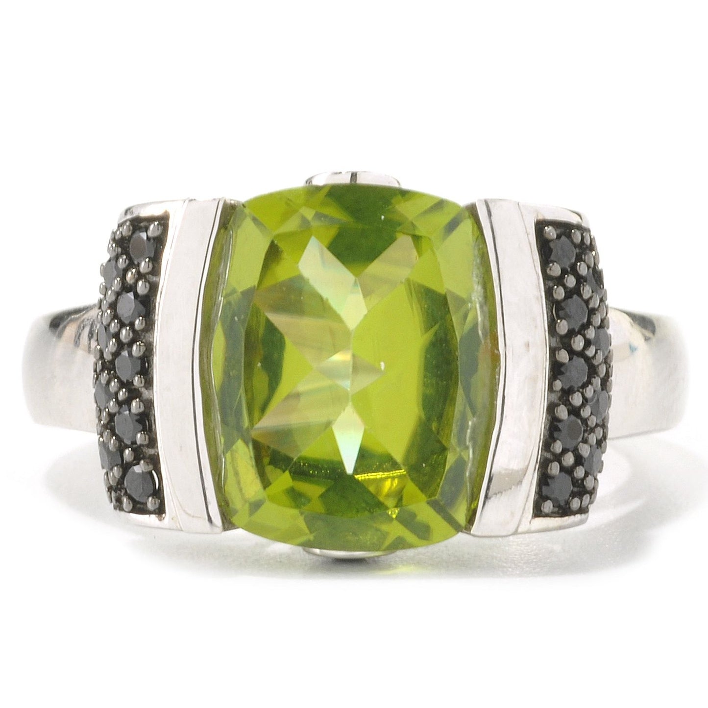 Sterling Silver 3.85Ctw 9Mm Cushion Peridot & Black Spinel Ring - Pinctore