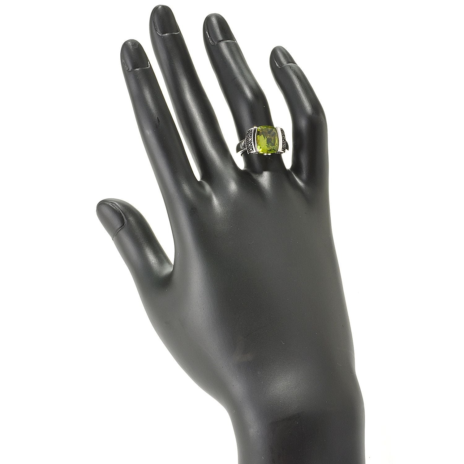 Sterling Silver 3.85Ctw 9Mm Cushion Peridot & Black Spinel Ring - Pinctore