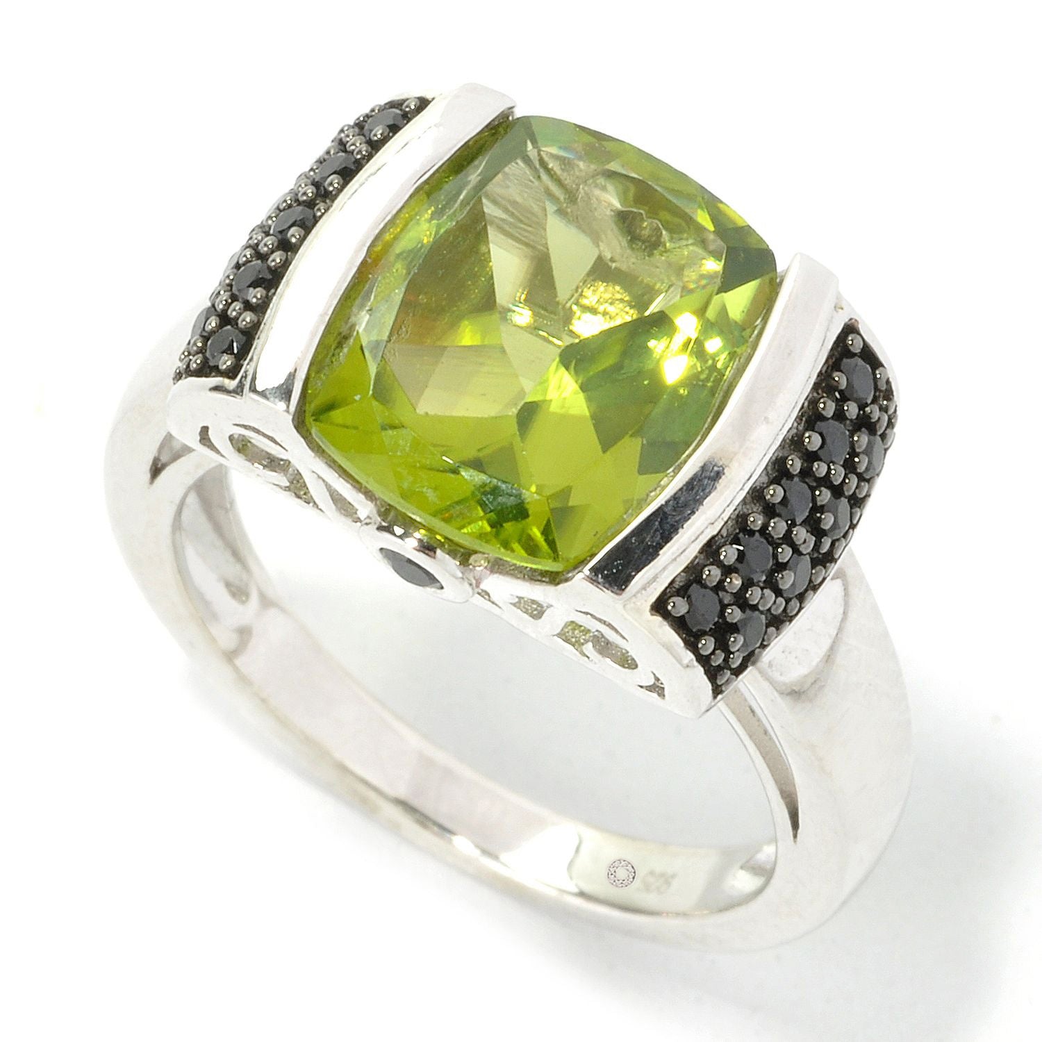 Sterling Silver 3.85Ctw 9Mm Cushion Peridot & Black Spinel Ring - Pinctore
