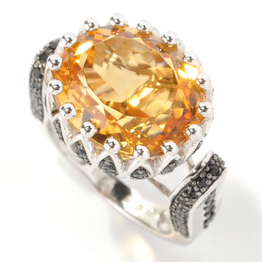 Pinctore Sterling Silver 9 3/5ct TGW Citrine and Black Spinel Ring - pinctore