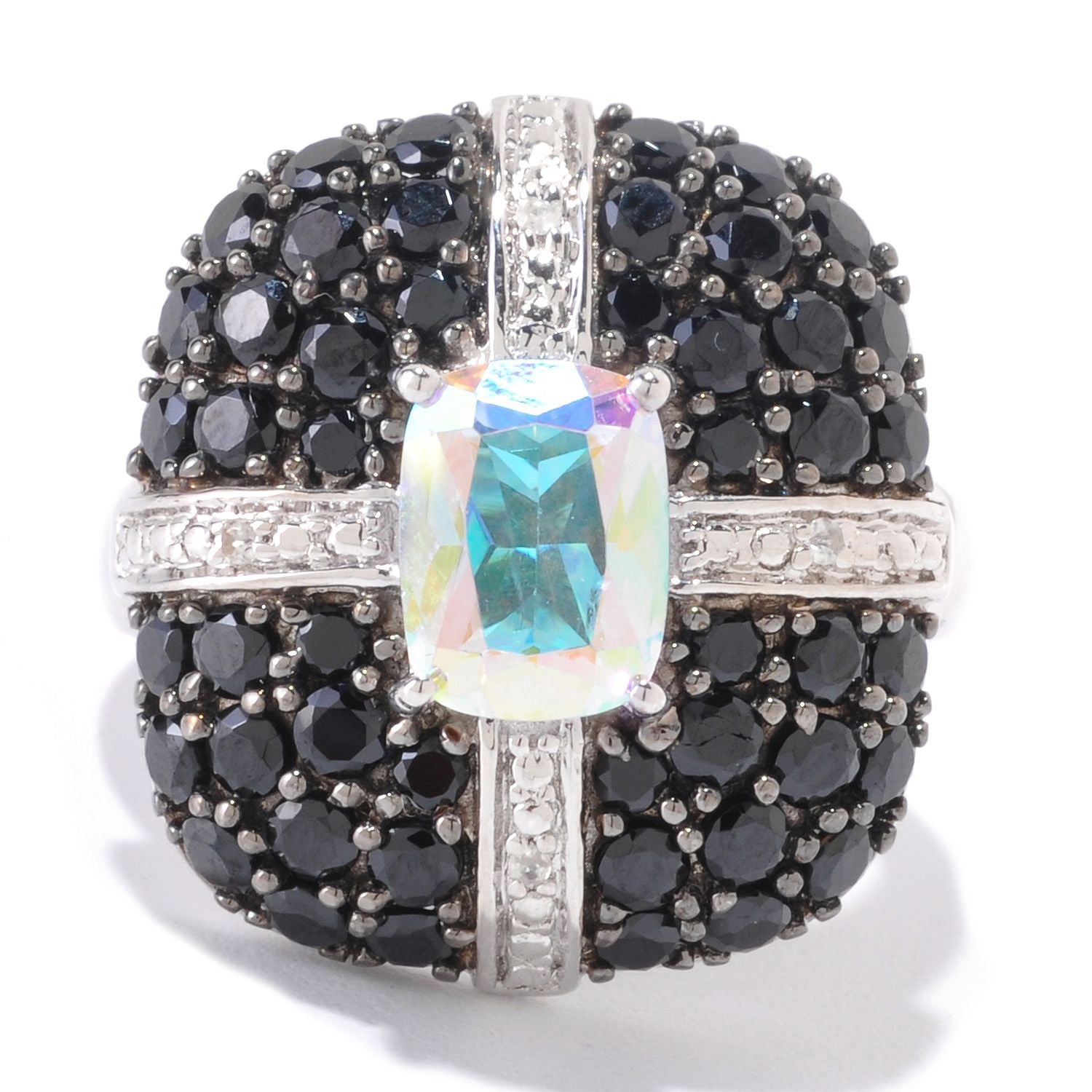 Platinum O/ Silver 4.57Ctw Opal Topaz & Black Spinel Ring - Pinctore