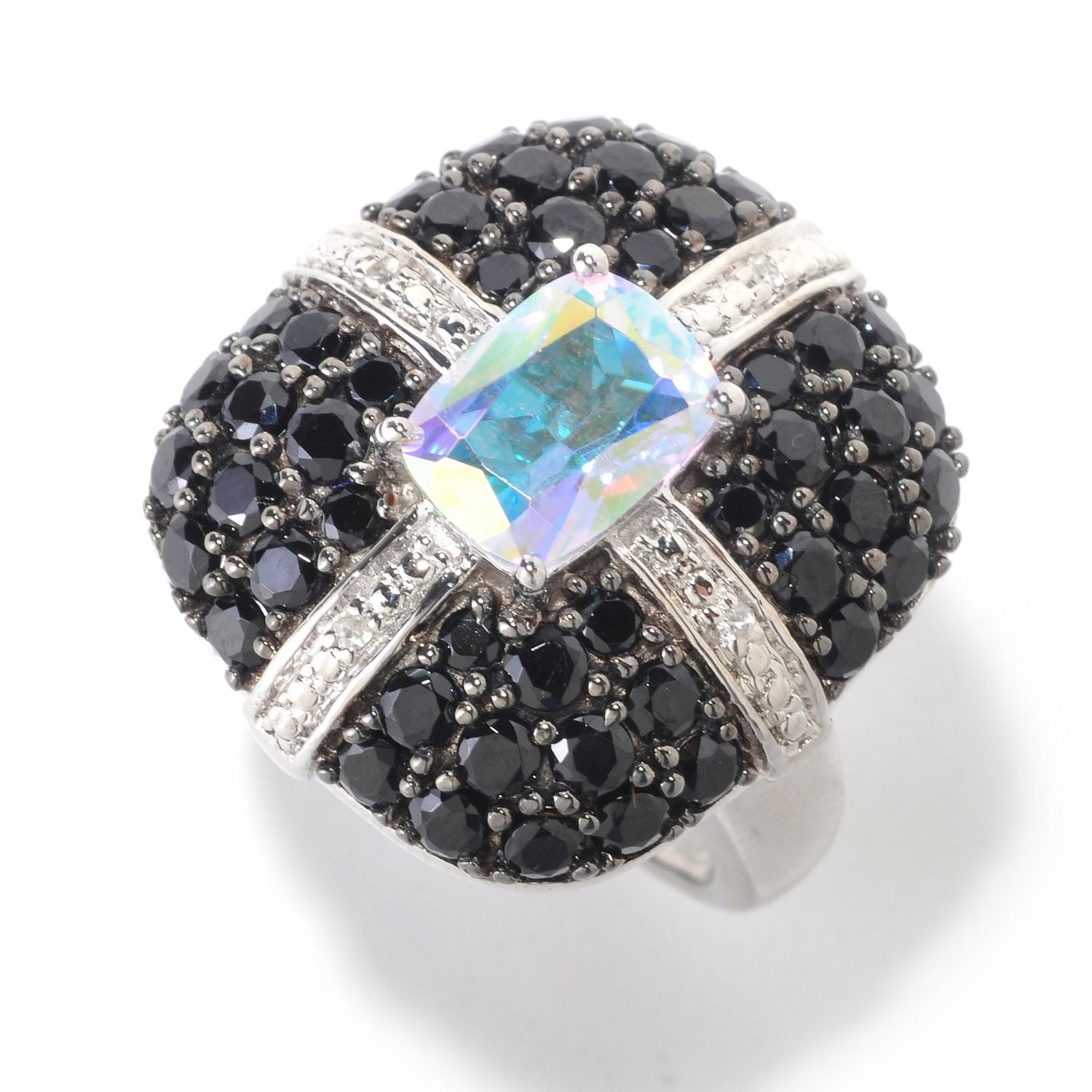 Platinum O/ Silver 4.57Ctw Opal Topaz & Black Spinel Ring - Pinctore