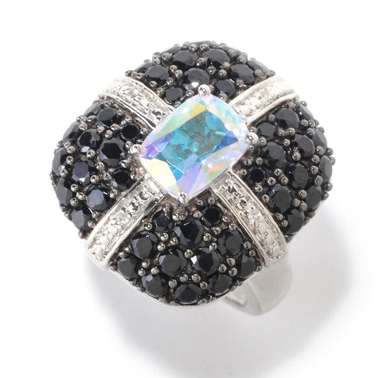 Platinum O/ Silver 4.57Ctw Opal Topaz & Black Spinel Ring - Pinctore