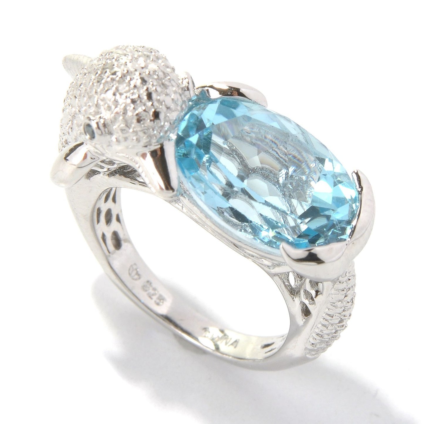 Pinctore Platinum o/Silver 7.70ctw Swiss Blue Topaz Dolphin Shaped Ring - pinctore