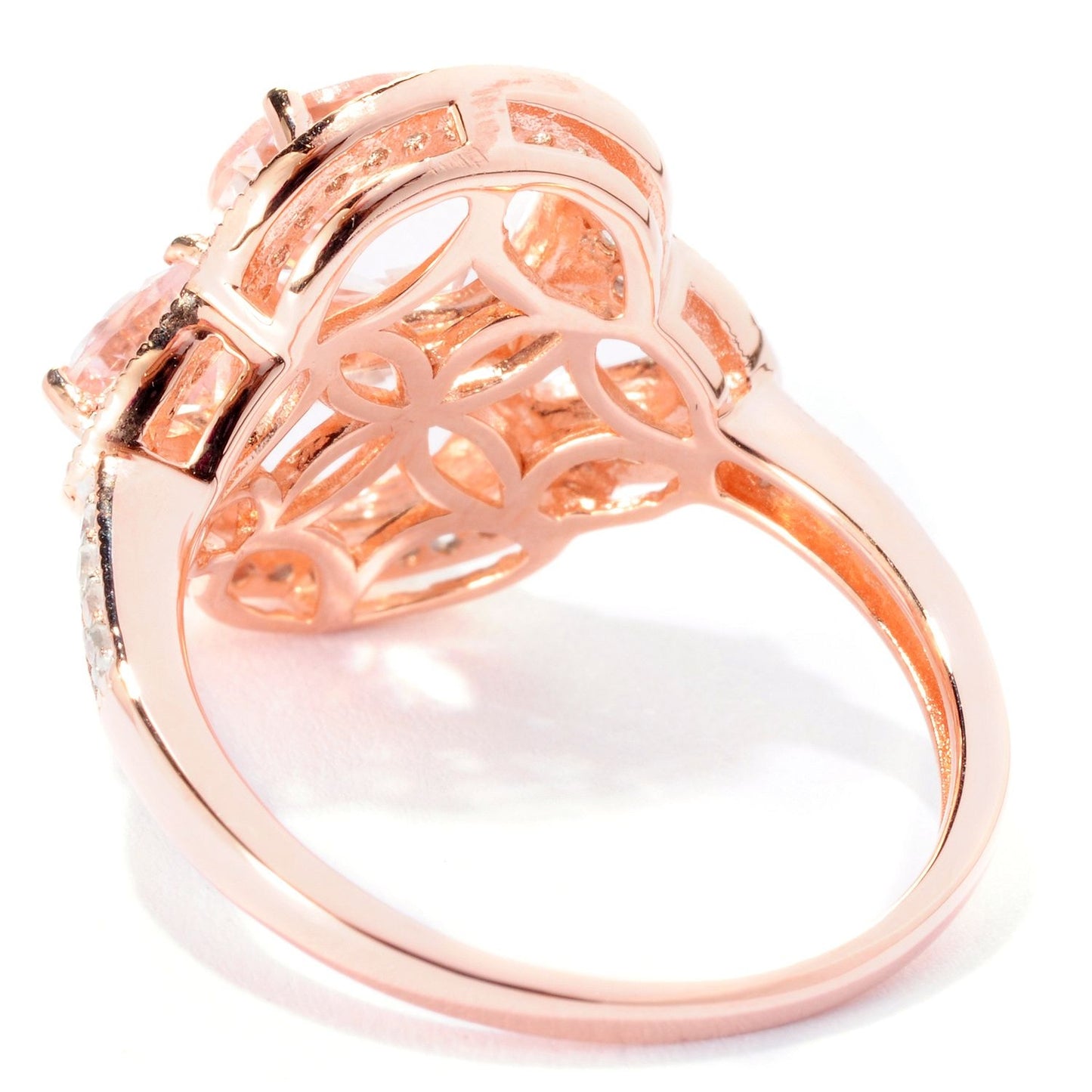 Pinctore 18K Rose Vermeil 2.83ctw Dual Shaped Morganite,White Zircon Cocktail Ring - pinctore