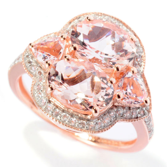 Pinctore 18K Rose Vermeil 2.83ctw Dual Shaped Morganite,White Zircon Cocktail Ring - pinctore