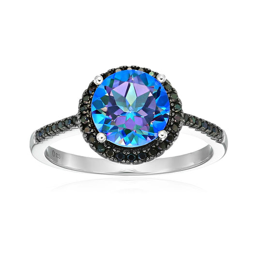 Sterling Silver Millennium Topaz And Black Spinel Halo Engagement Ring - pinctore