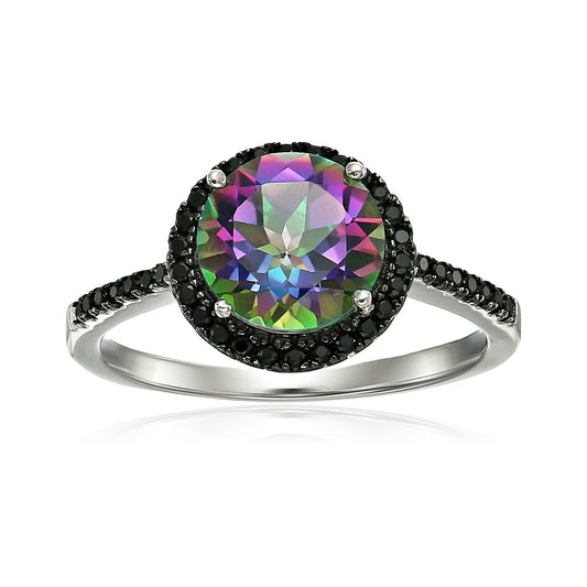 Sterling Silver Mystic Topaz and Black Spinel Halo Engagement Ring - pinctore
