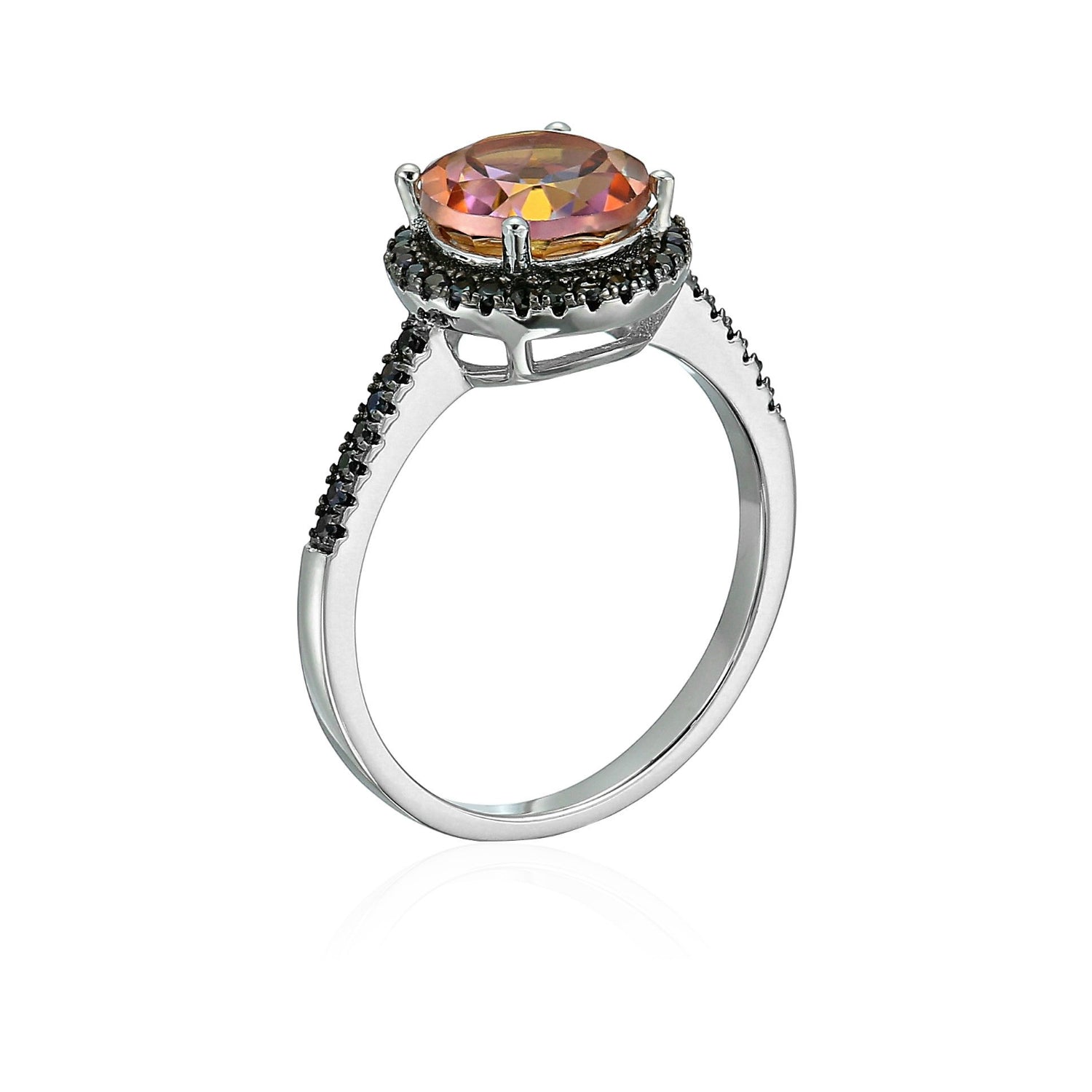 Sterling Silver Sunset Orange Topaz And Black Spinel Halo Engagement Ring - pinctore