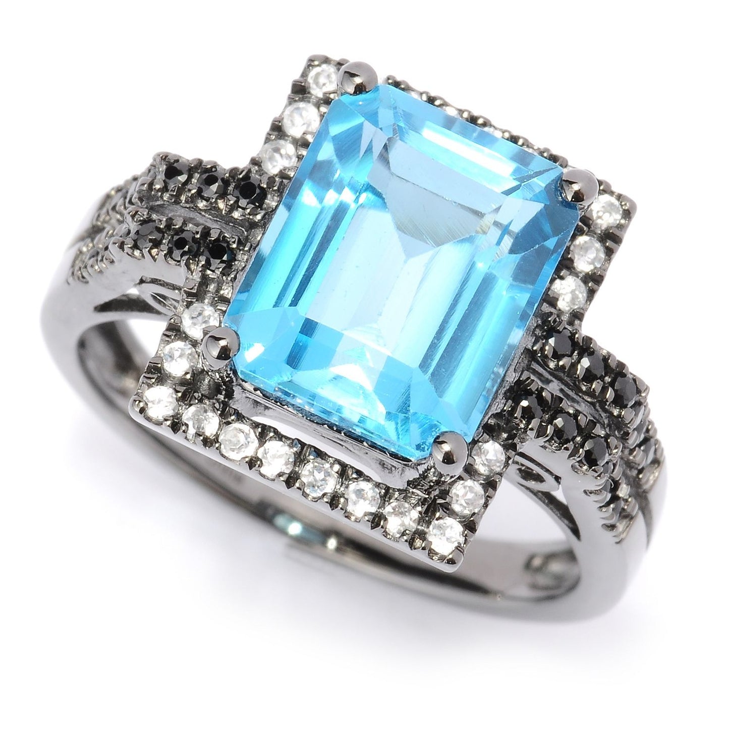 Pinctore Black Rhodium o/Silver 4.75ctw Swiss Blue Topaz Solitaire w/Accent Ring - pinctore