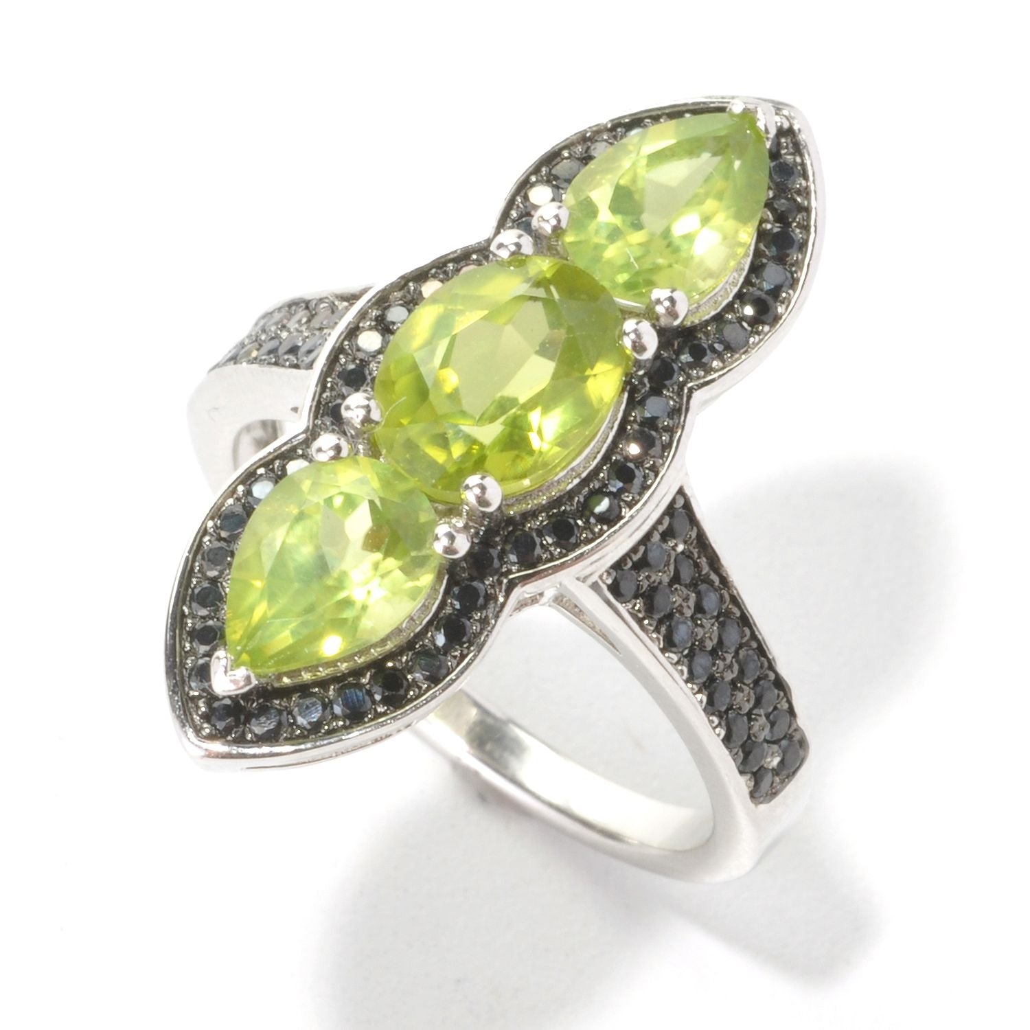 Pinctore Rhodium Over Sterling Silver 3.2ctw Peridot & Black Spinel Ring - pinctore