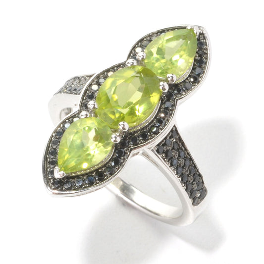 Pinctore Rhodium Over Sterling Silver 3.2ctw Peridot & Black Spinel Ring - pinctore