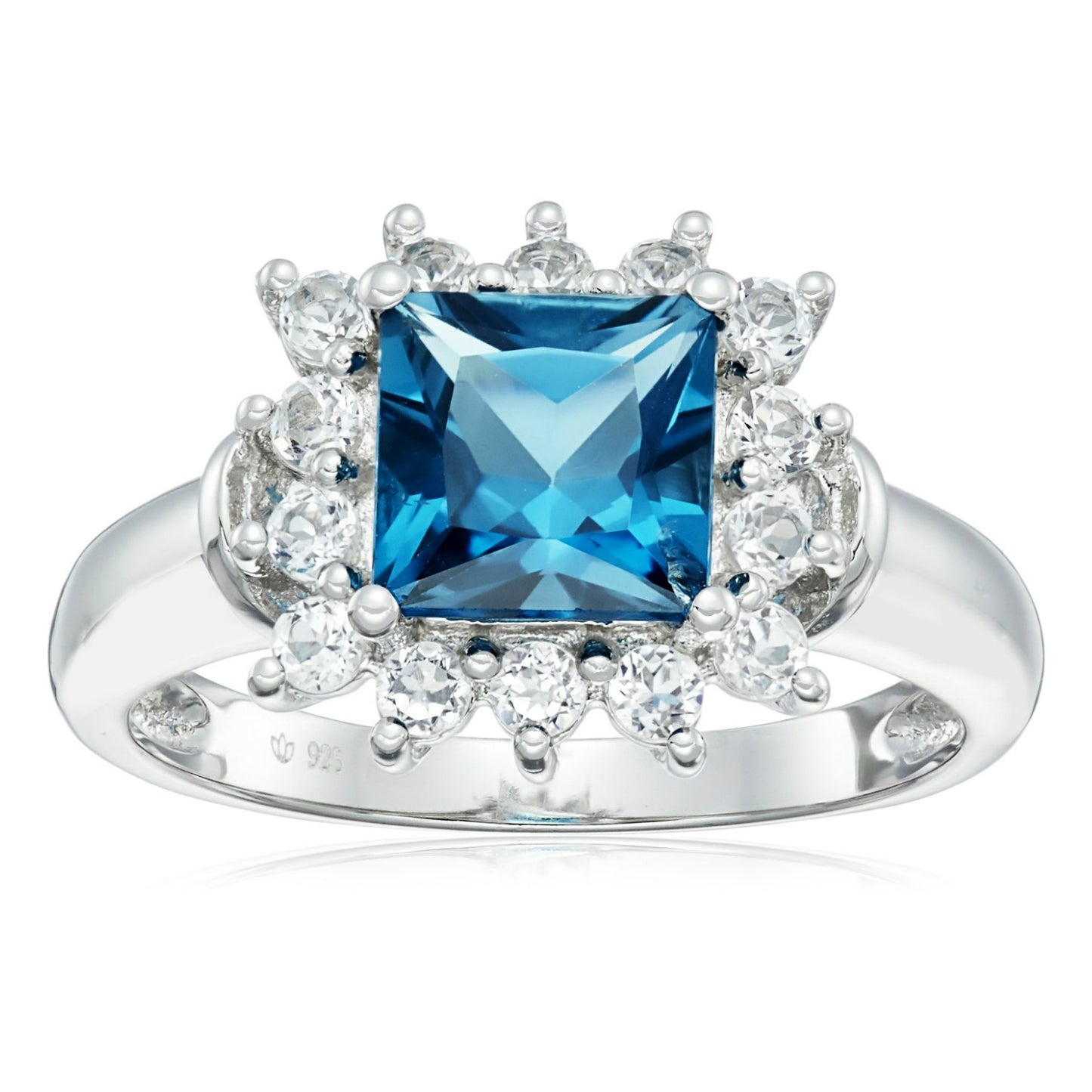 Pinctore Ster Silver London Blue Topaz & White Topaz Classic Princess Di Ring - pinctore