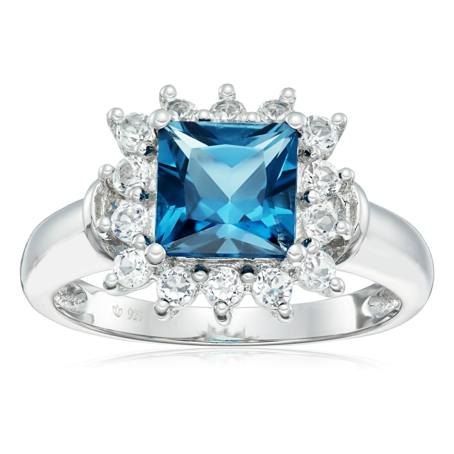 Pinctore Ster Silver London Blue Topaz & White Topaz Classic Princess Di Ring - pinctore