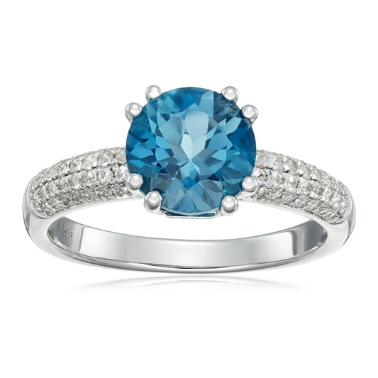Pinctore Ster Silver London Blue Topaz & Created White Sapphire Classic Ring - pinctore