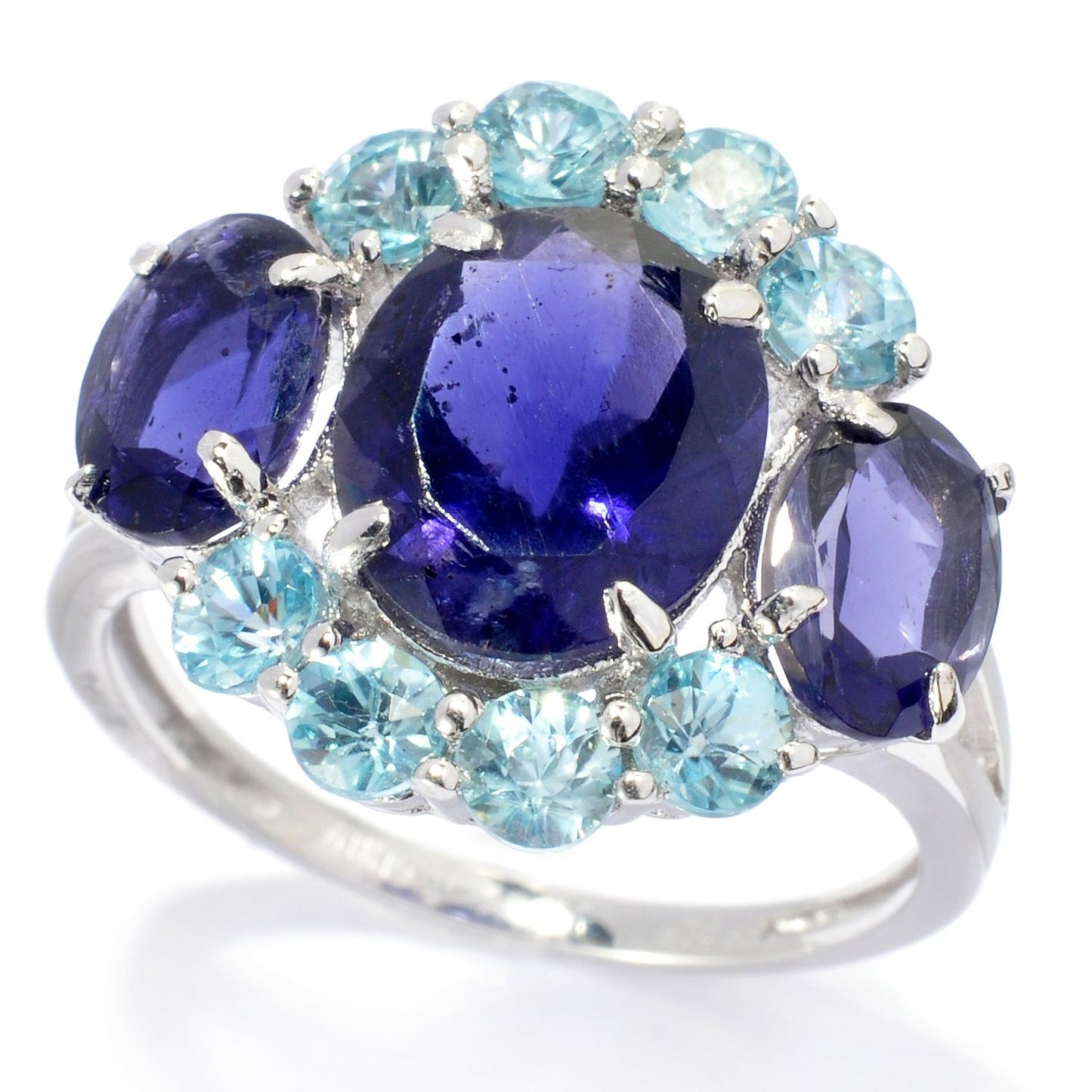 Pinctore Sterling Silver 4.92ctw Iolite & Aqua Zircon Three-Stone Ring - pinctore