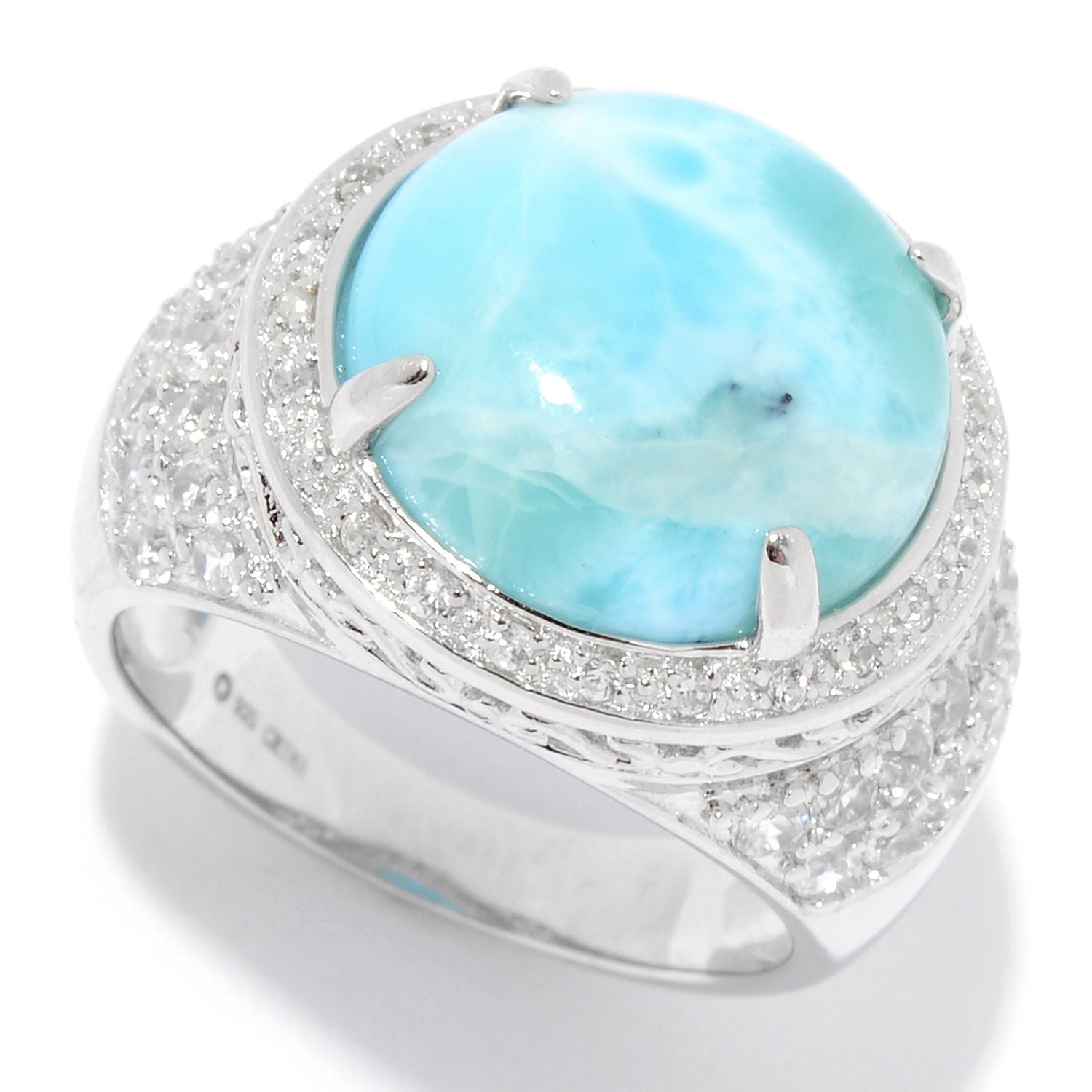 Pinctore Sterling Silver 13.5mm Larimar & White Topaz Halo Ring - pinctore