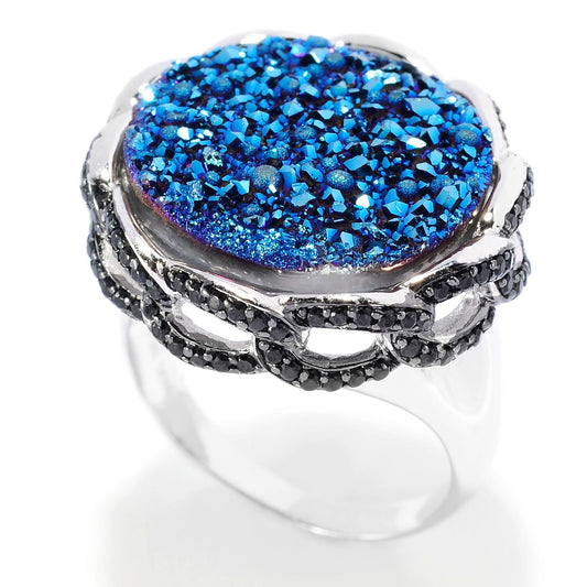 Pinctore Sterling Silver 17mm Blue Drusy & Black Spinel Link Border Cocktail Ring - pinctore