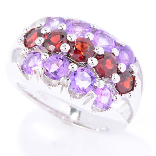 Pinctore Sterling Silver Brilliant Cut Round Garnet & Amethyst Three-Row Ring - pinctore