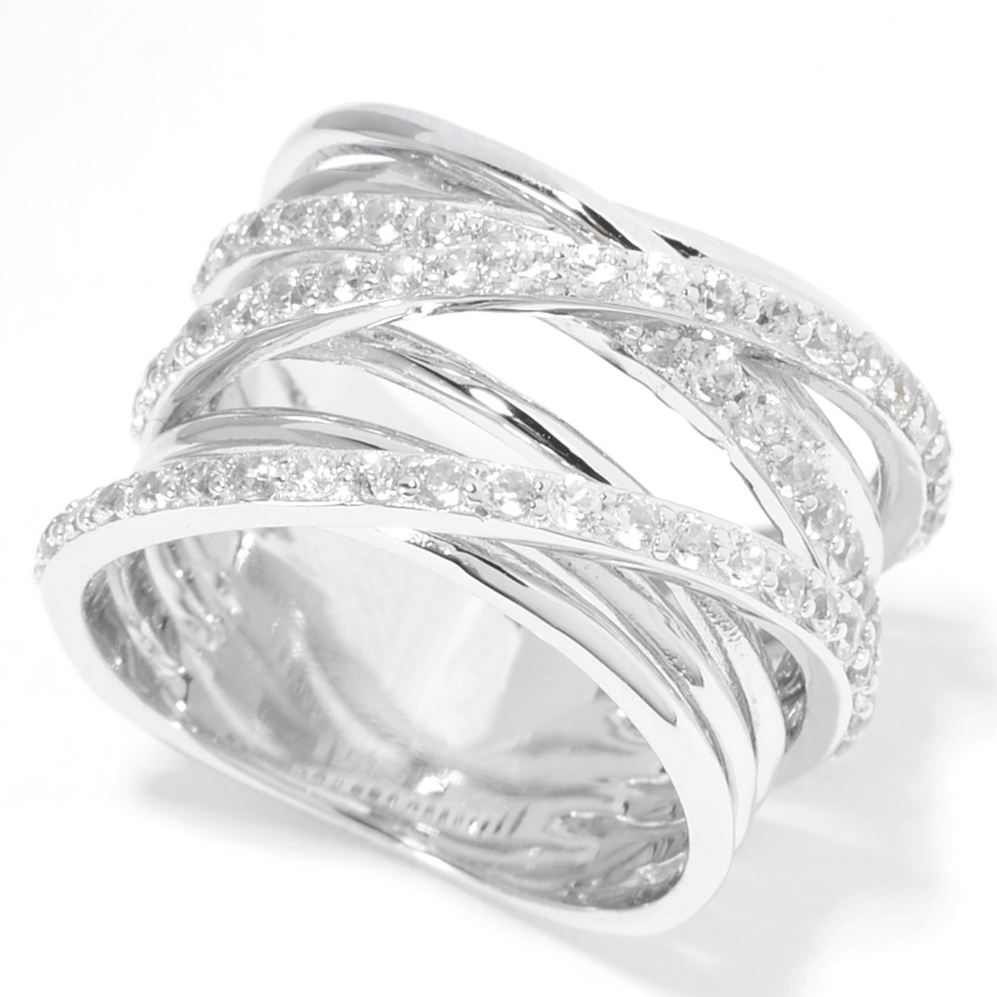 Pinctore Sterling Silver 1.13ctw Round White Zircon Overlapping Ring - pinctore