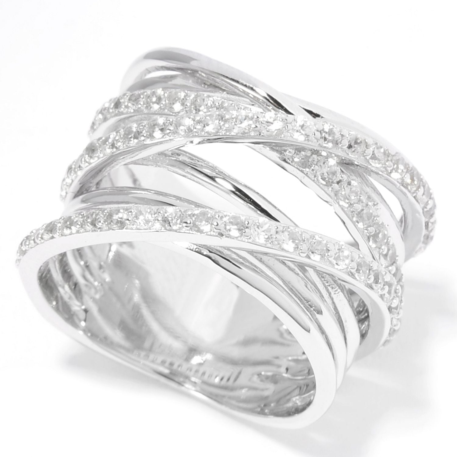 Pinctore Sterling Silver 1.13ctw Round White Zircon Overlapping Ring - pinctore