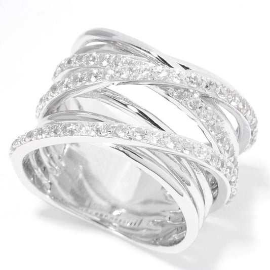 Pinctore Sterling Silver 1.13ctw Round White Zircon Overlapping Ring - pinctore