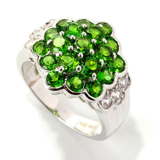 Pinctore Sterling Silver 3.04ctw Chrome Diopside & White Zircon Cluster Ring - pinctore