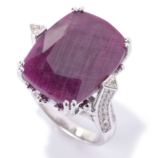 Sterling Silver 28.3Ctw Indian Ruby & 0.7Ctw White Zircon Cocktail Ring - Pinctore