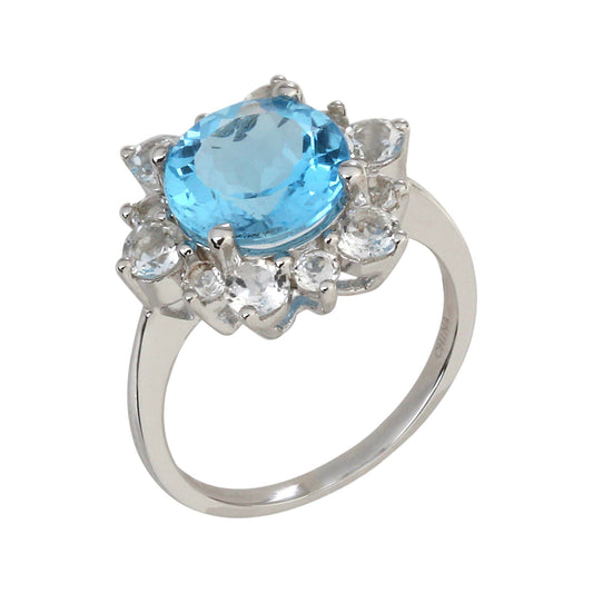 925 Sterling Silver Swiss Blue Topaz, White Cz Ring - Pinctore