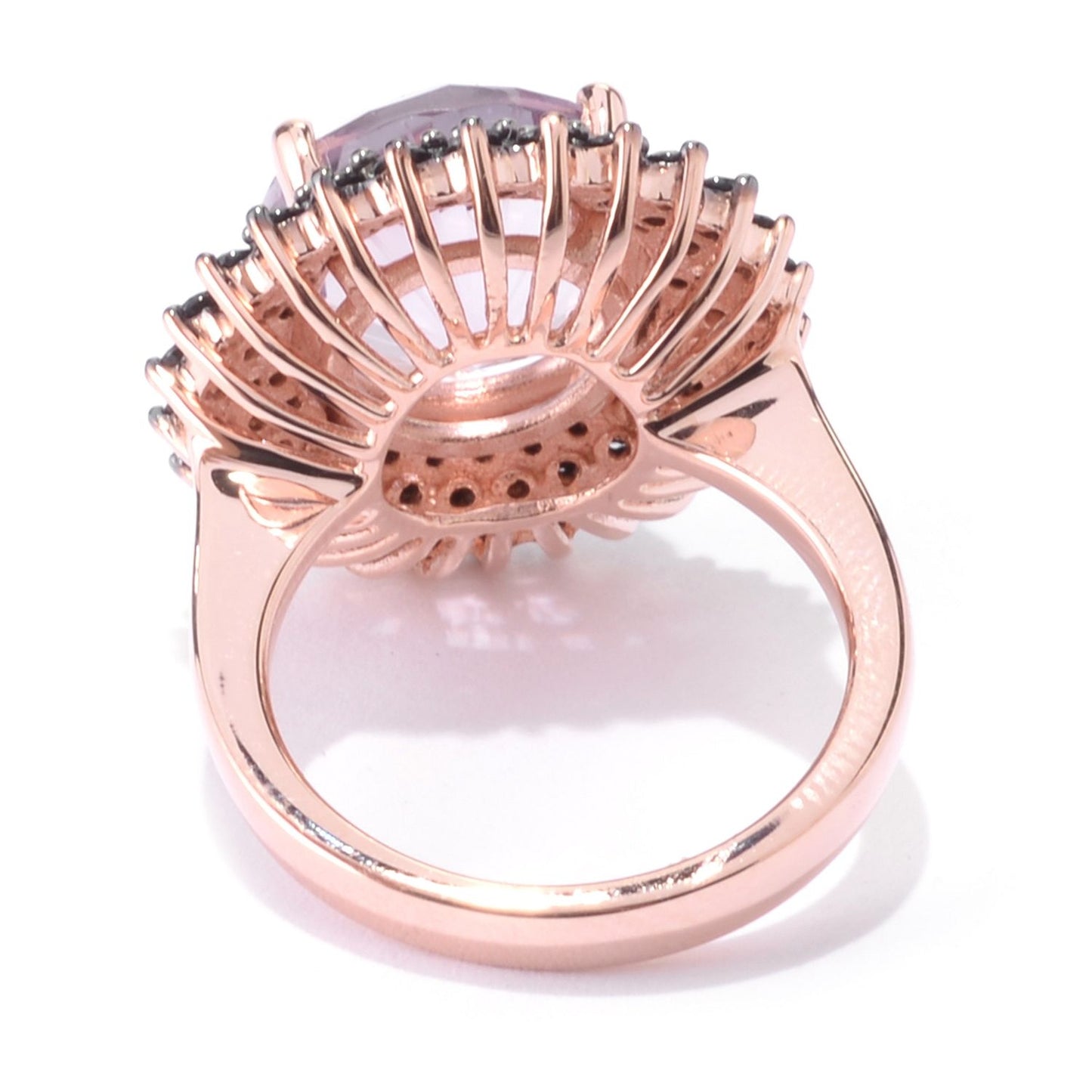 Pinctore 18K Rose Vermeil 12mm Round Pink Amethyst,Black Spinel Halo Cocktail Ring - pinctore