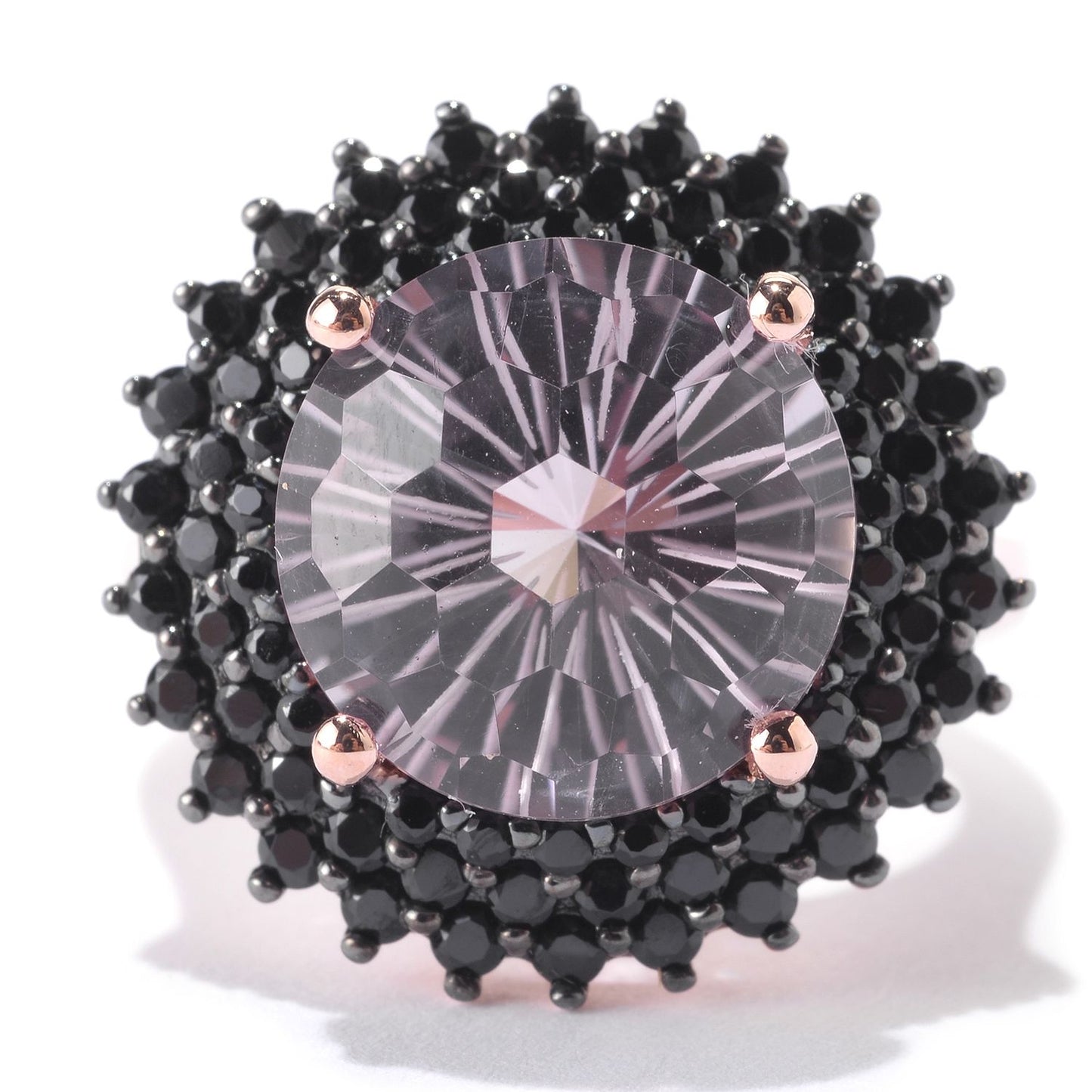 Pinctore 18K Rose Vermeil 12mm Round Pink Amethyst,Black Spinel Halo Cocktail Ring - pinctore