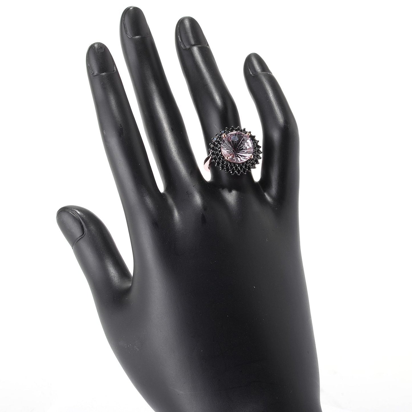 Pinctore 18K Rose Vermeil 12mm Round Pink Amethyst,Black Spinel Halo Cocktail Ring - pinctore