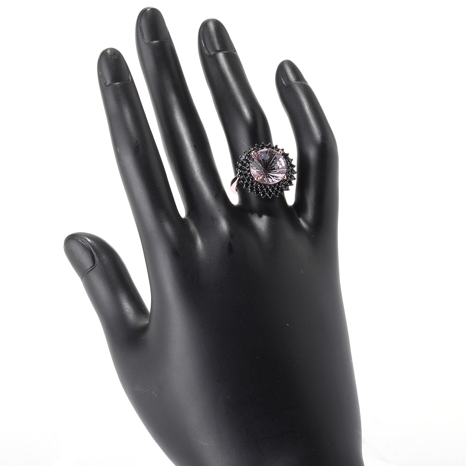 Pinctore 18K Rose Vermeil 12mm Round Pink Amethyst,Black Spinel Halo Cocktail Ring - pinctore