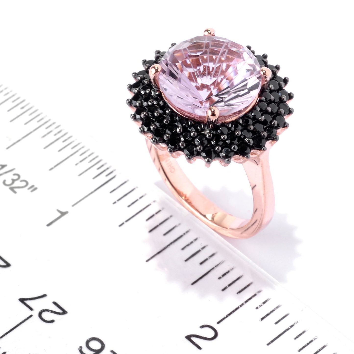 Pinctore 18K Rose Vermeil 12mm Round Pink Amethyst,Black Spinel Halo Cocktail Ring - pinctore