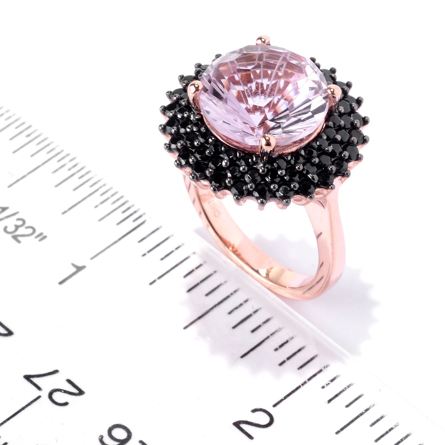 Pinctore 18K Rose Vermeil 12mm Round Pink Amethyst,Black Spinel Halo Cocktail Ring - pinctore