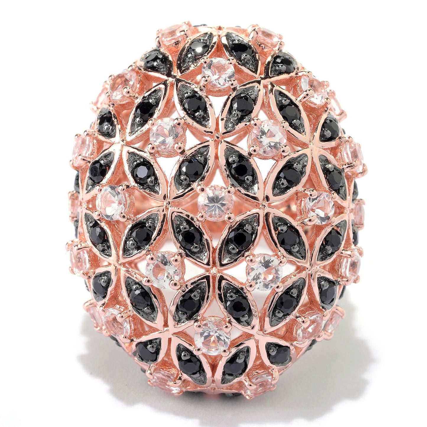 Pinctore 18K Rose Vermeil 3.5ctw Morganite & Black Spinel Flower Dome Ring - pinctore