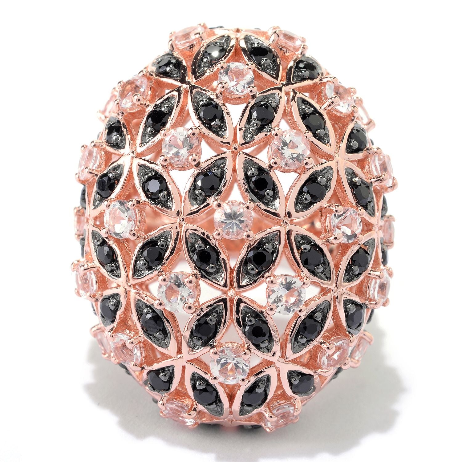 Pinctore 18K Rose Vermeil 3.5ctw Morganite & Black Spinel Flower Dome Ring - pinctore