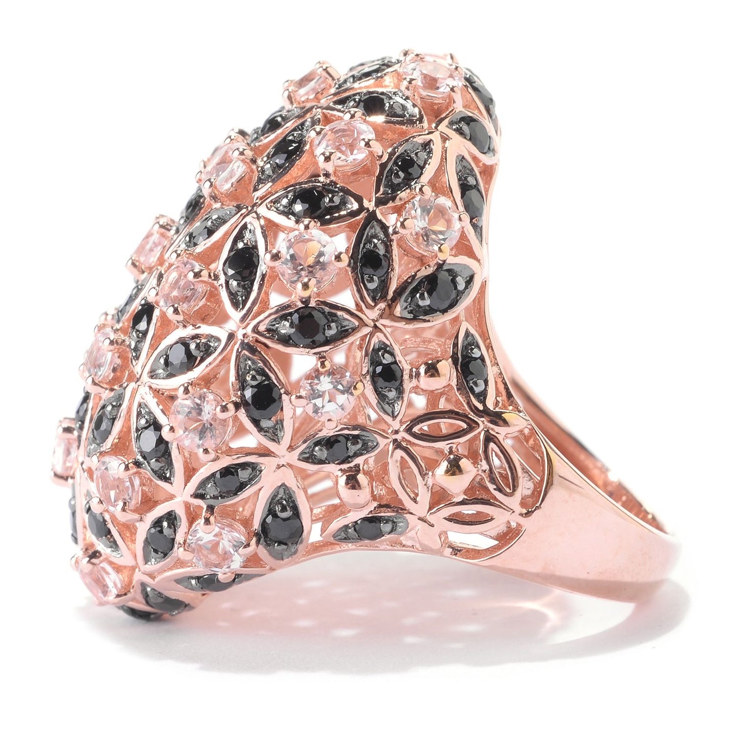 Pinctore 18K Rose Vermeil 3.5ctw Morganite & Black Spinel Flower Dome Ring - pinctore