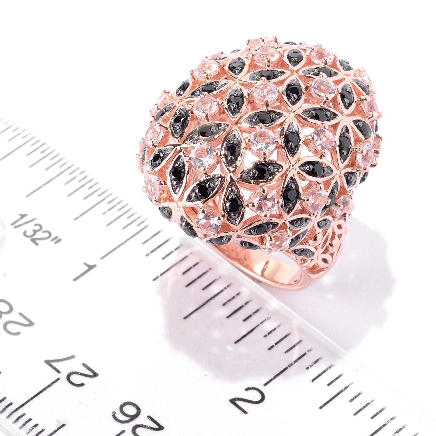 Pinctore 18K Rose Vermeil 3.5ctw Morganite & Black Spinel Flower Dome Ring - pinctore