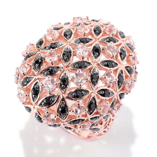 Pinctore 18K Rose Vermeil 3.5ctw Morganite & Black Spinel Flower Dome Ring - pinctore