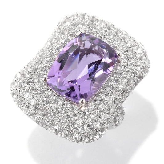 925 Sterling Silver Pink Amethyst, White Topaz Ring - Pinctore