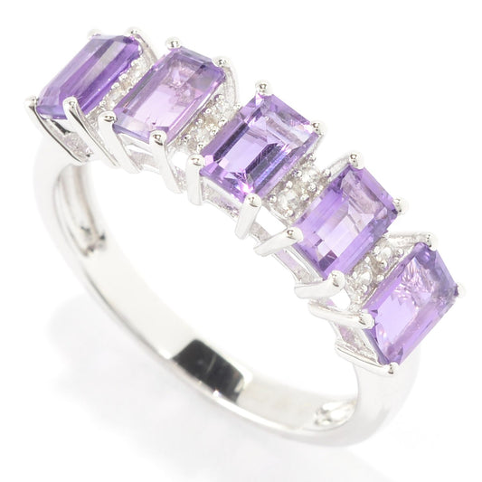 Sterling Silver 1 2/5ct Emerald-cut Amethyst and White Zircon Ring - Pinctore