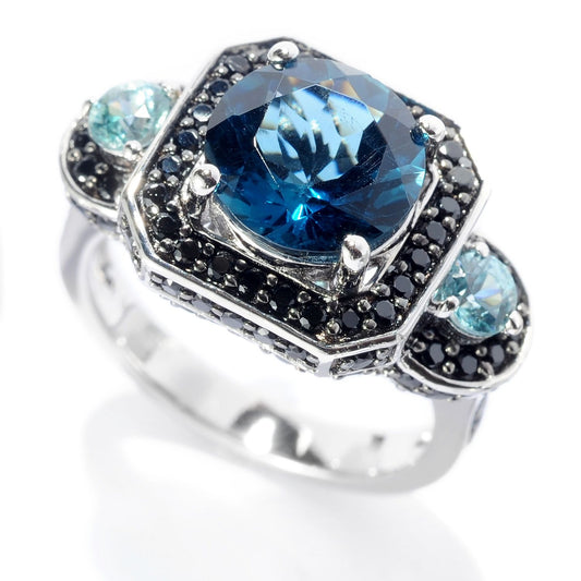 Pinctore Sterling Silver 5.15ctw Round London Blue Topaz & Multi Gemstone Ring - pinctore