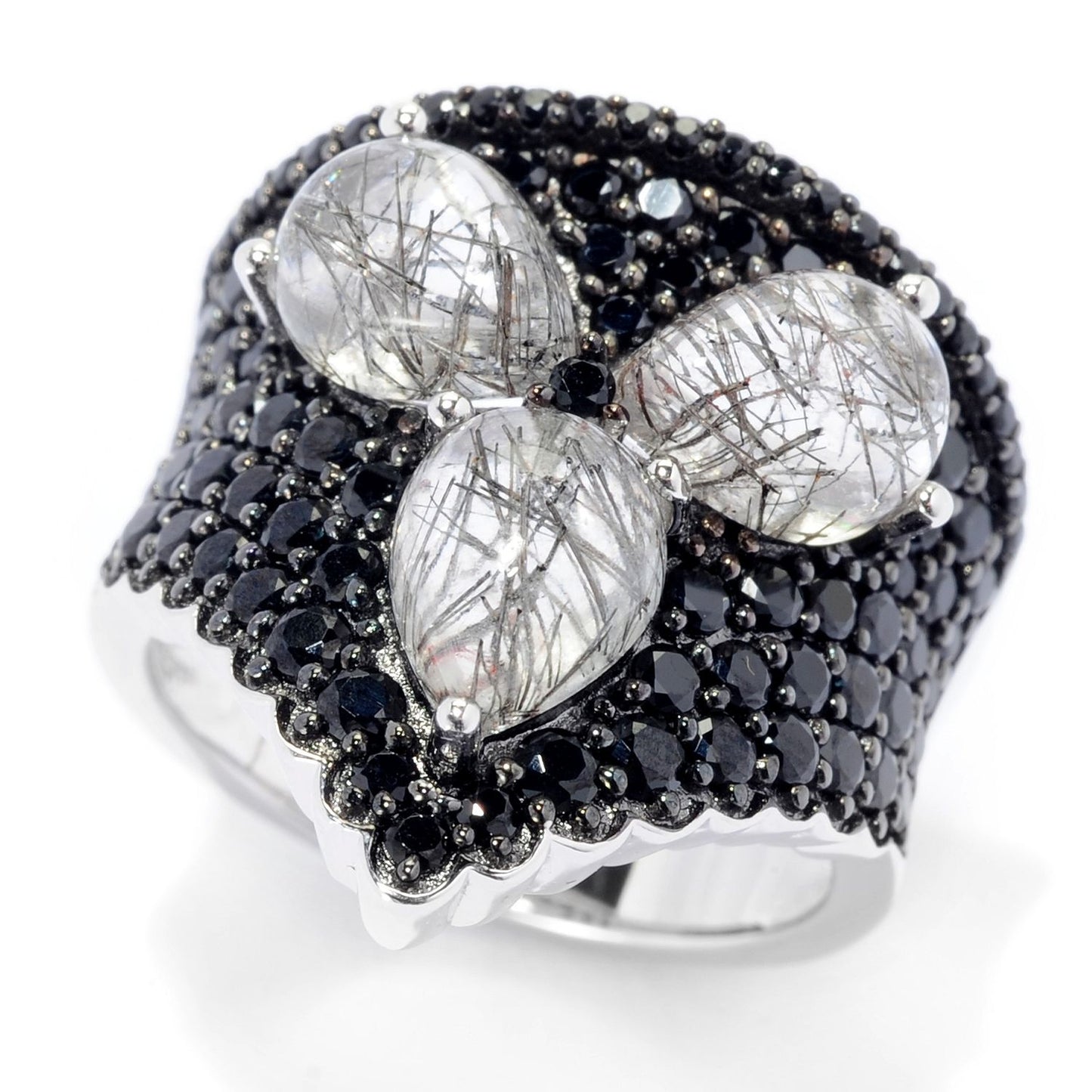 Pinctore Sterling Silver 3ctw Rutile Quartz & 1.8ctw Black Spinel Ring - pinctore